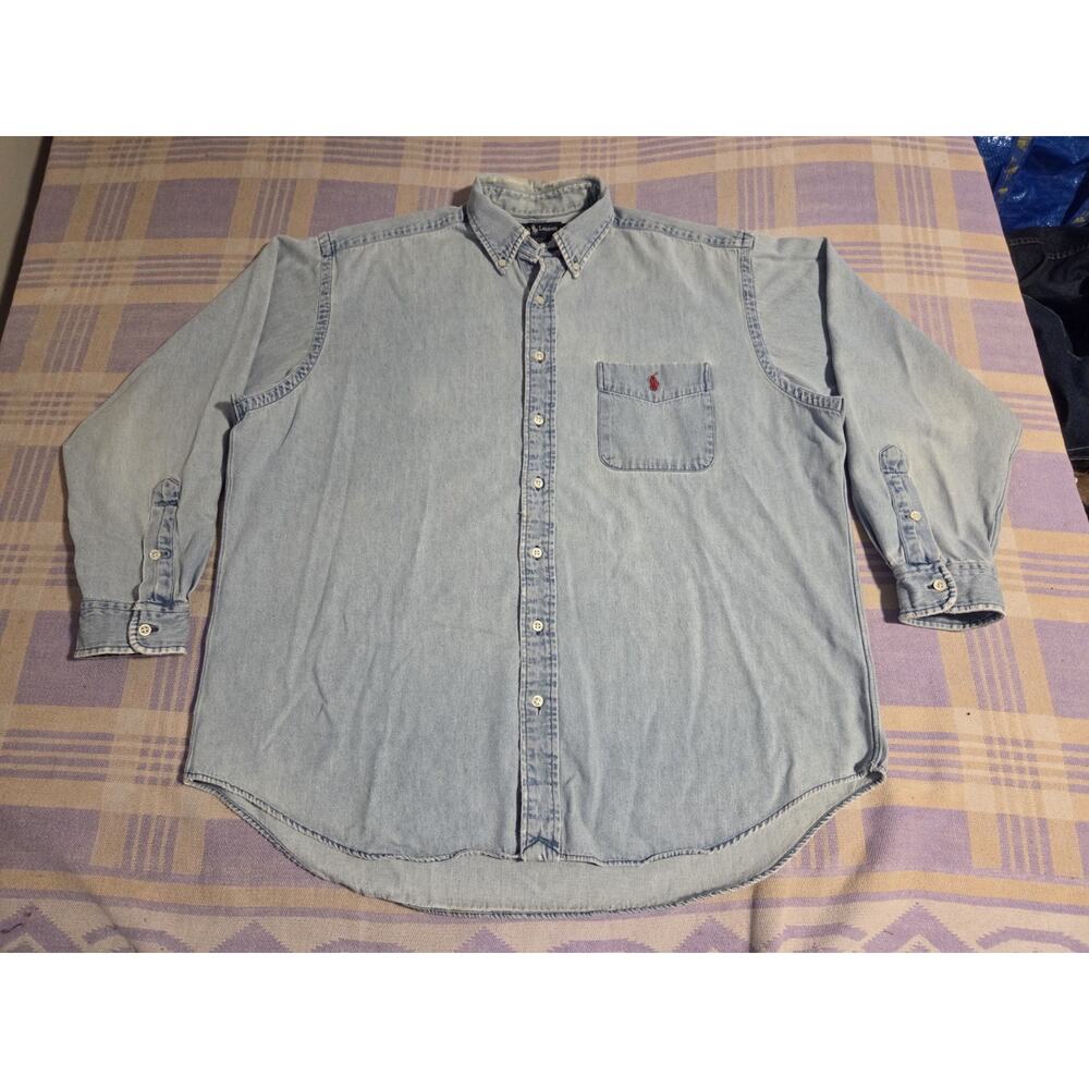 Polo Ralph Lauren Mens Denim Button Up The Big Shirt Vtg Small Red Pony 90s Y2K